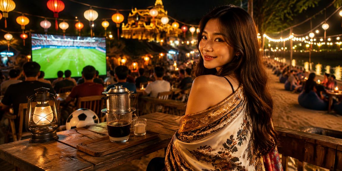 Người dùng xem kèo bóng đá tại quán cà phê Huế trên điện thoại
